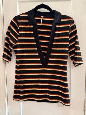 Free People Deep V Polo Striped Top Size S